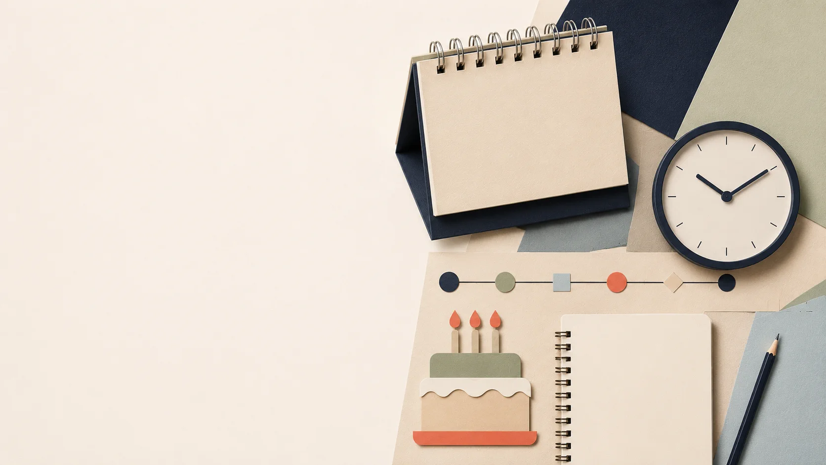 Editorial paper collage showing a blank calendar, clock, birthday symbol, and milestone timeline