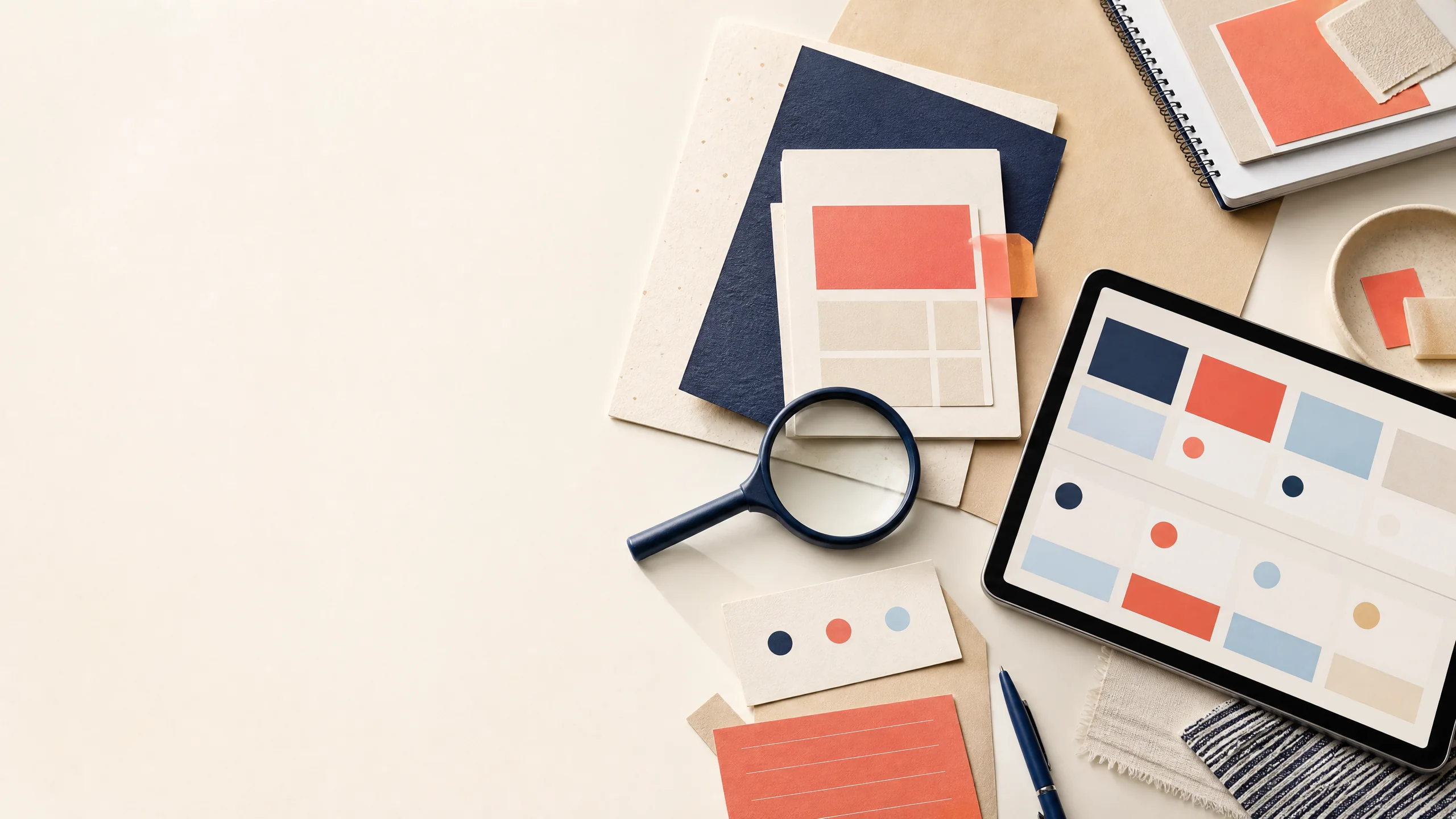 A research desk with a magnifying glass, paper cards, and design samples