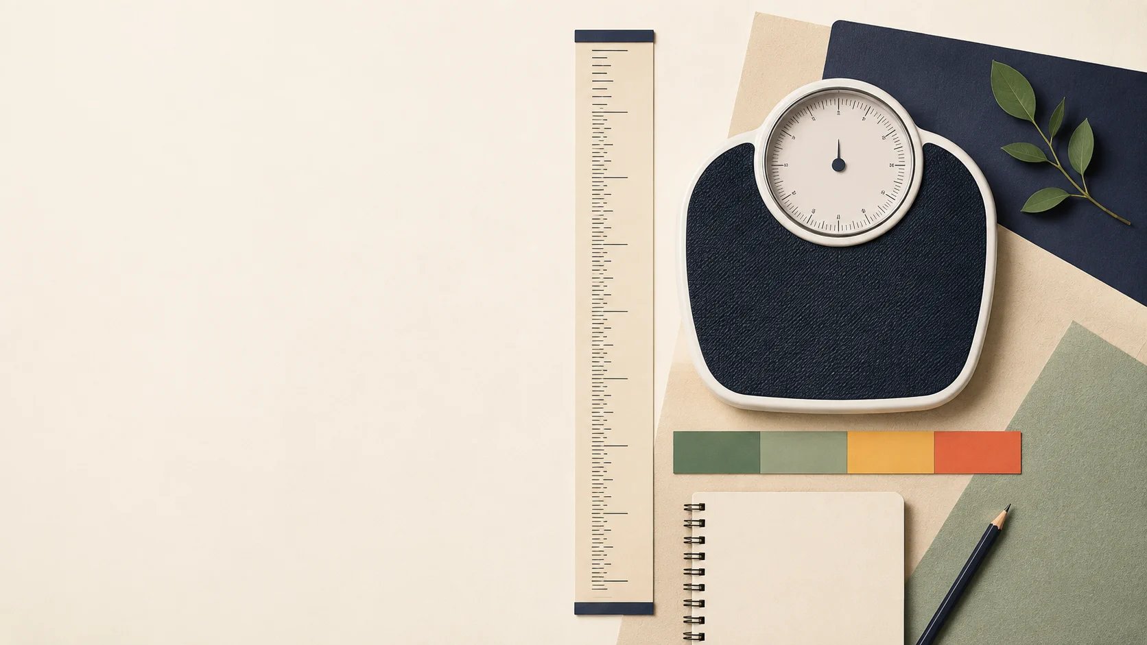 Editorial paper collage showing a scale, height ruler, and a color measurement band