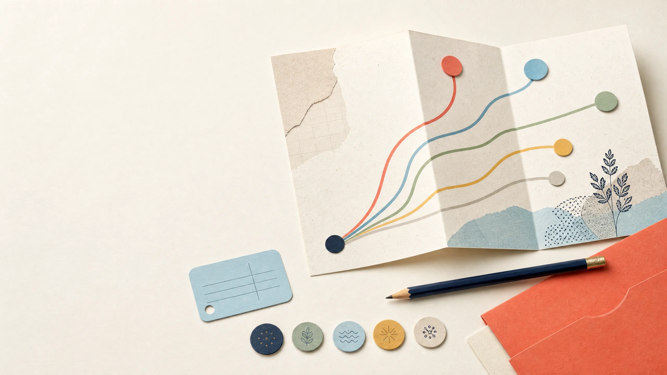 A paper roadmap, skill tokens, and stationery arranged on a warm ivory desk