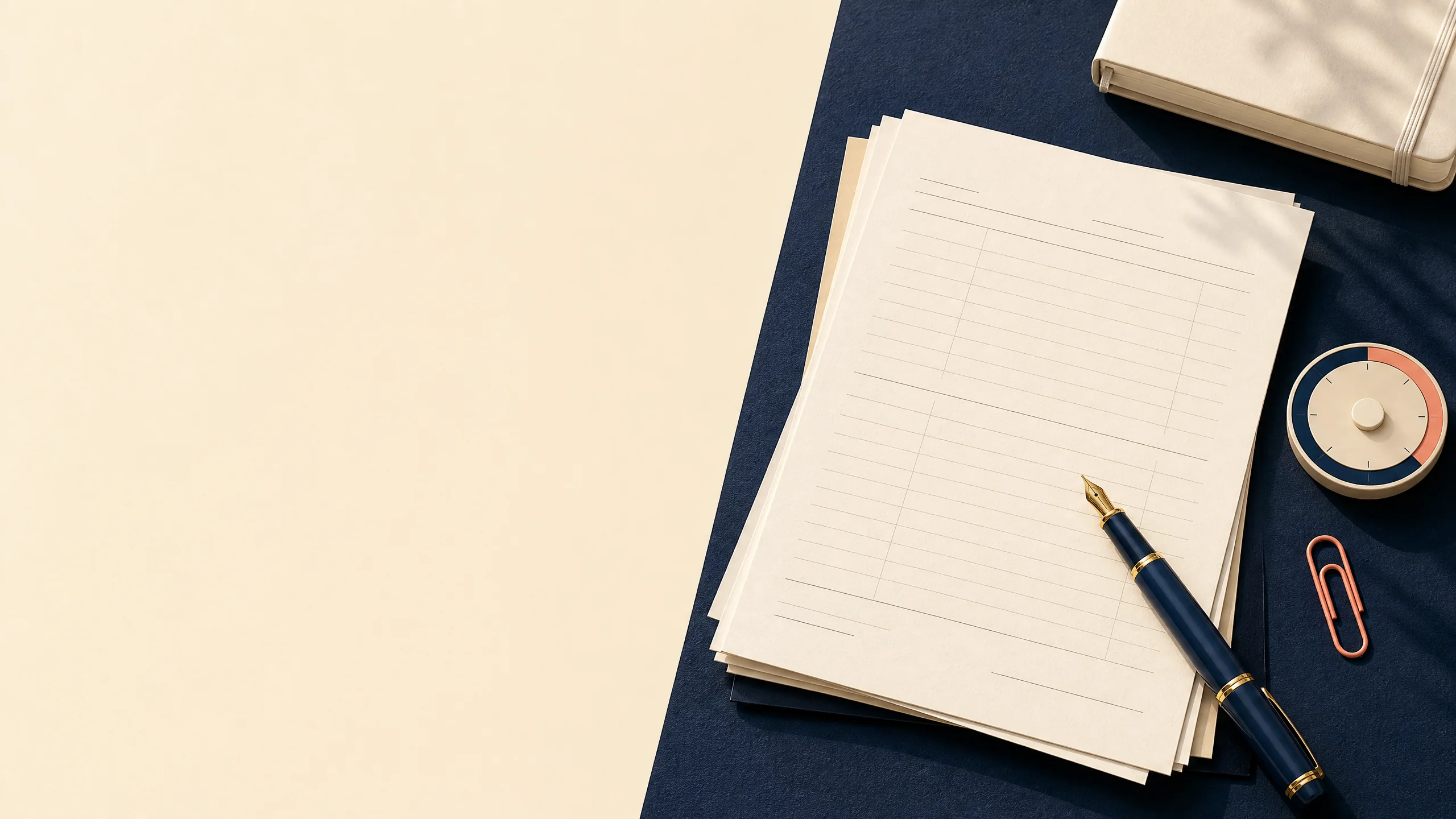 Editorial academic workspace with a graduation cap, warm paper records, and abstract ink-navy calculation forms without text.