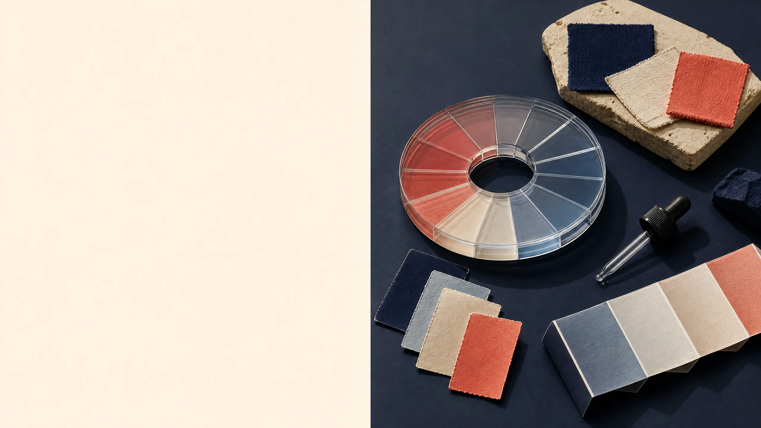 Coral pigment drop separating into ink-navy, teal, and coral swatches with an abstract contrast scale.