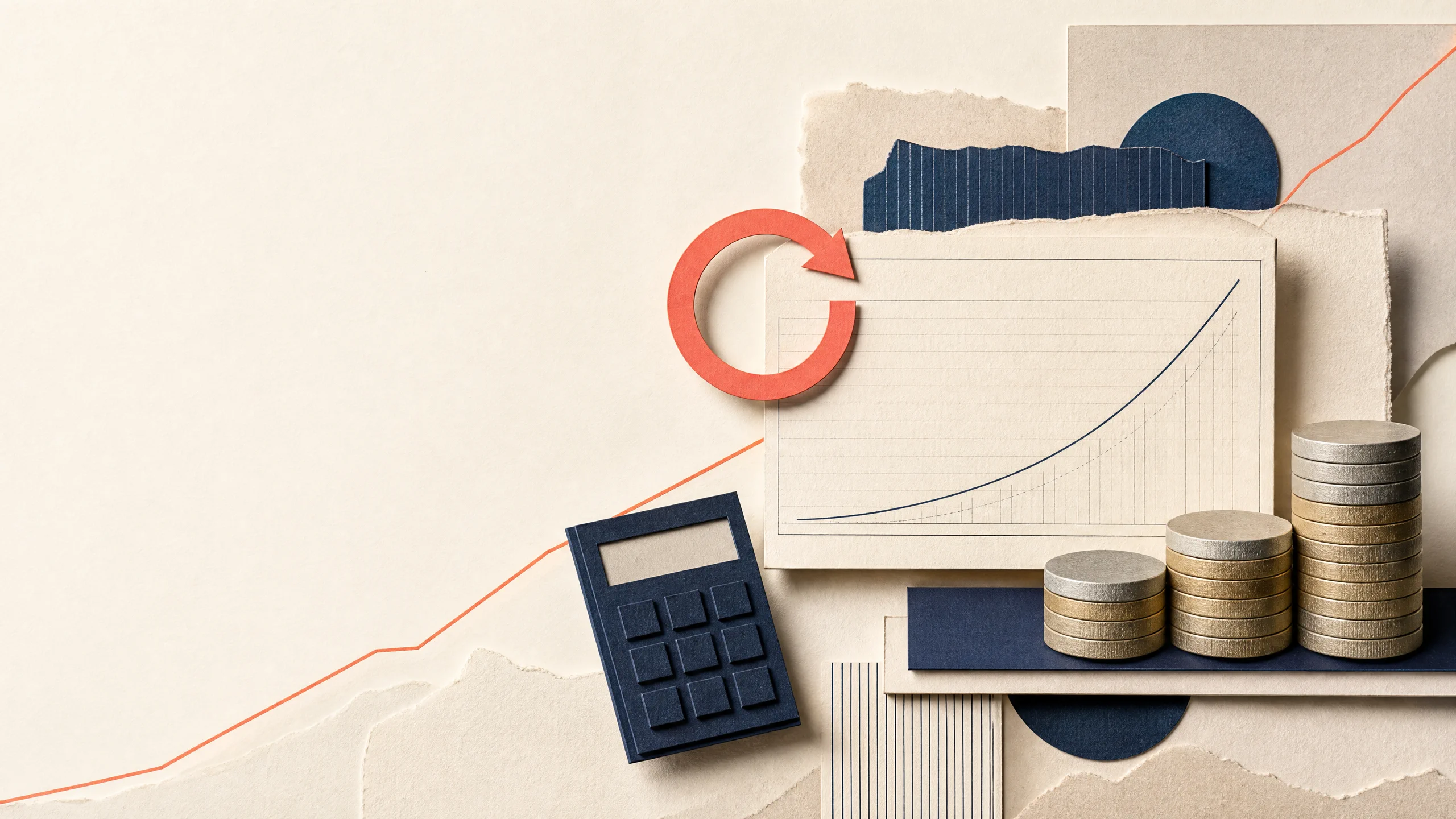 Editorial paper collage representing steady compound growth with a coral circular arrow, abstract stacked coins, a calculator tile, and a rising line