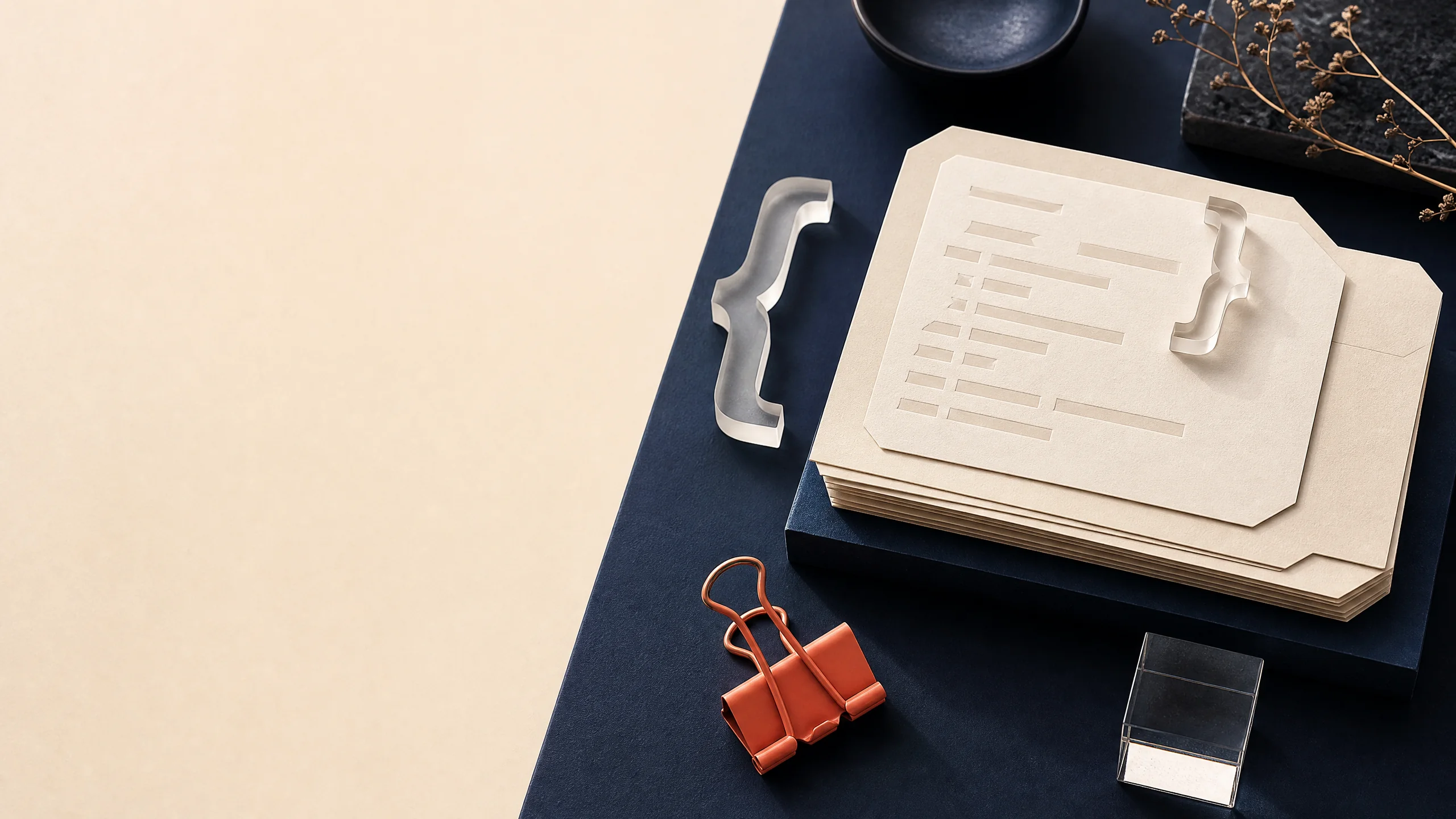Editorial desk with abstract indented data cards and a coral binding clip