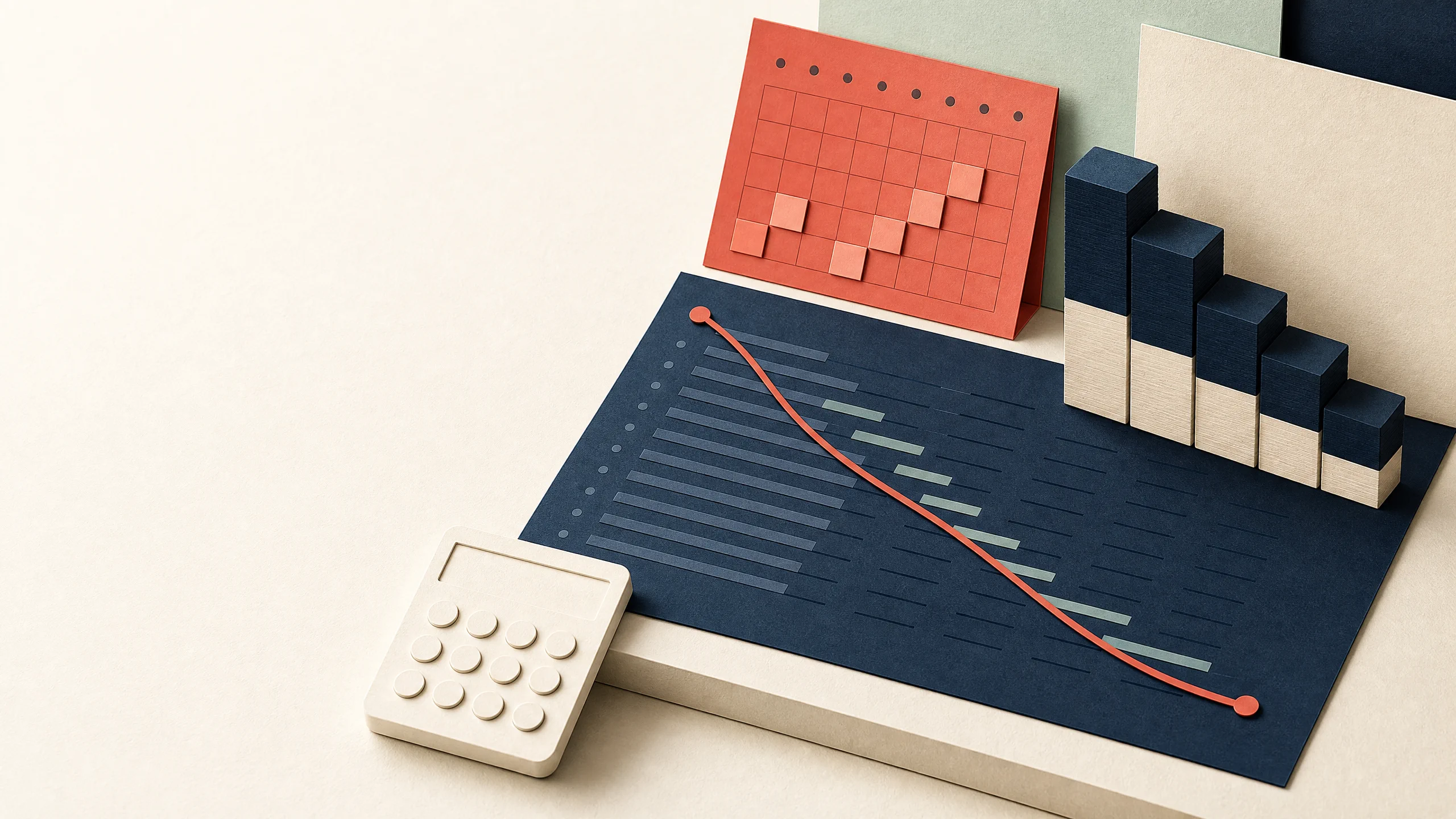 Editorial paper collage representing a transparent loan repayment schedule with a calculator, ledger, and declining balance path