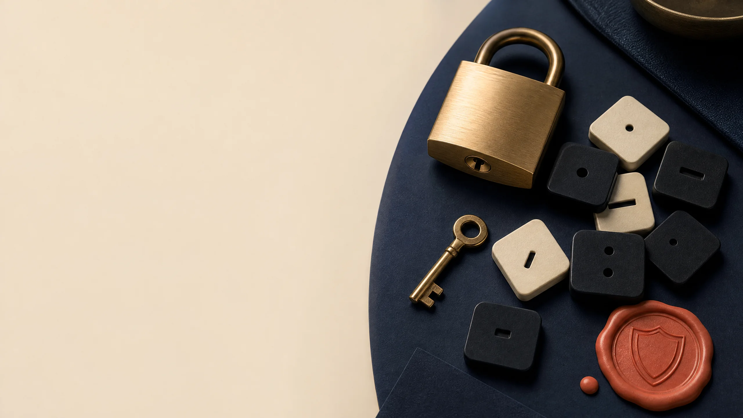Brass padlock, abstract cipher tiles, and coral security seal on an ink-navy desk.