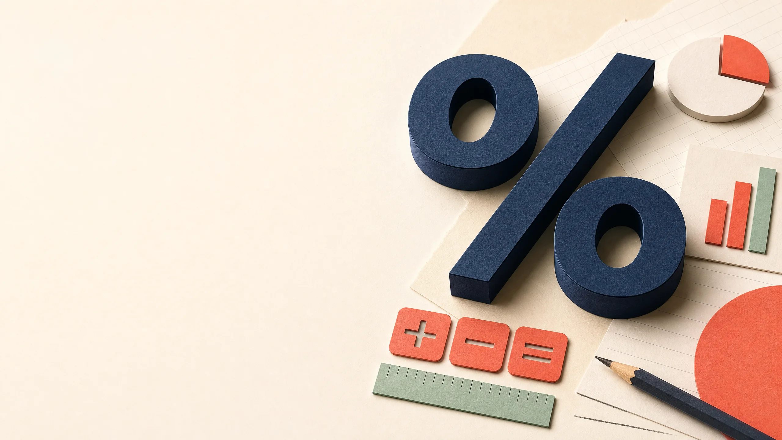 Editorial paper collage of a dark percent symbol with coral calculator tiles