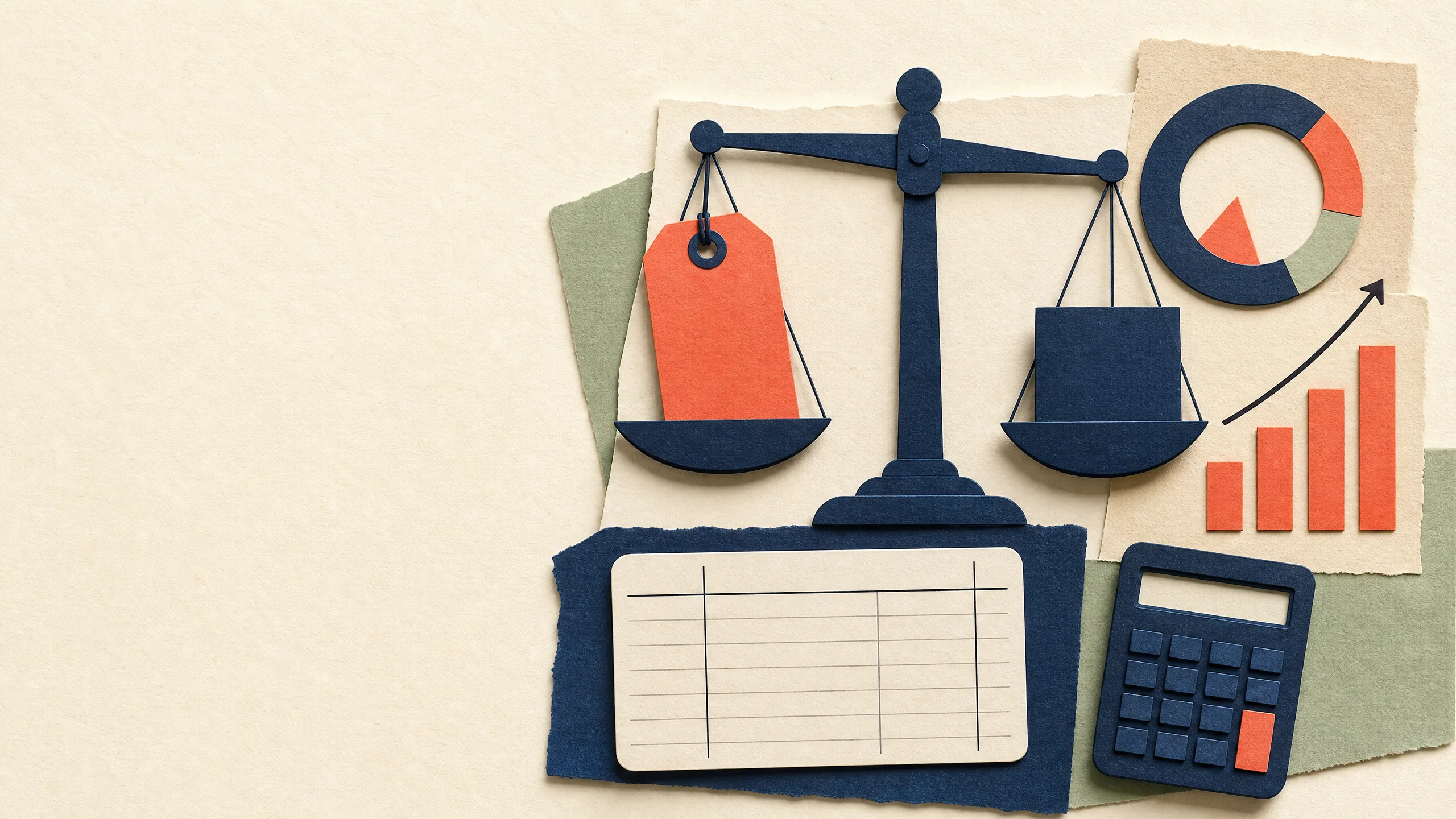 Editorial paper collage of balance scale, price tag, calculator and pricing ledger