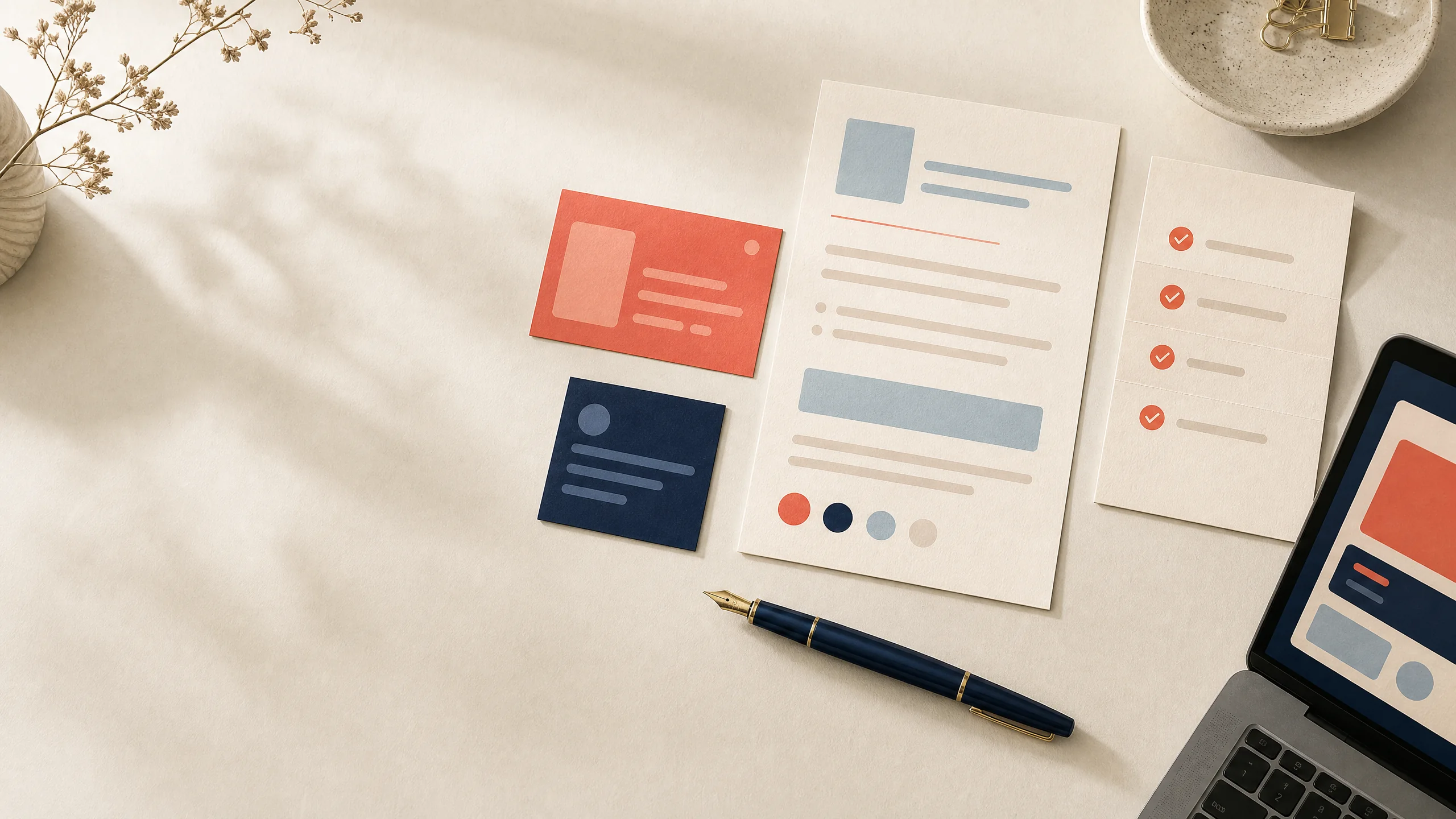 Prompt planning cards, notebook, pen, and laptop arranged on an ivory desk