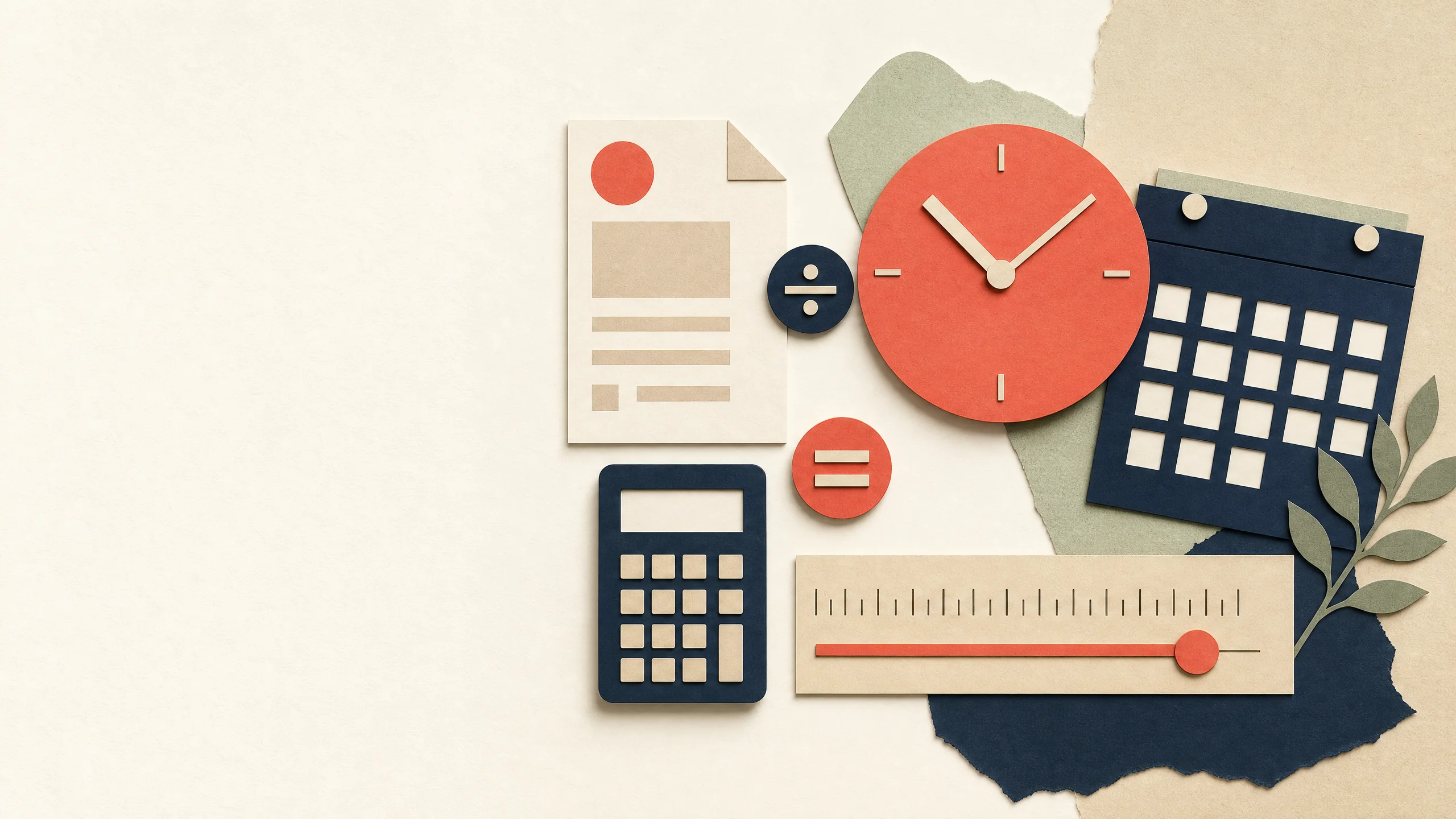 Editorial desk collage with clock, payroll sheet, calculator, and marked work calendar