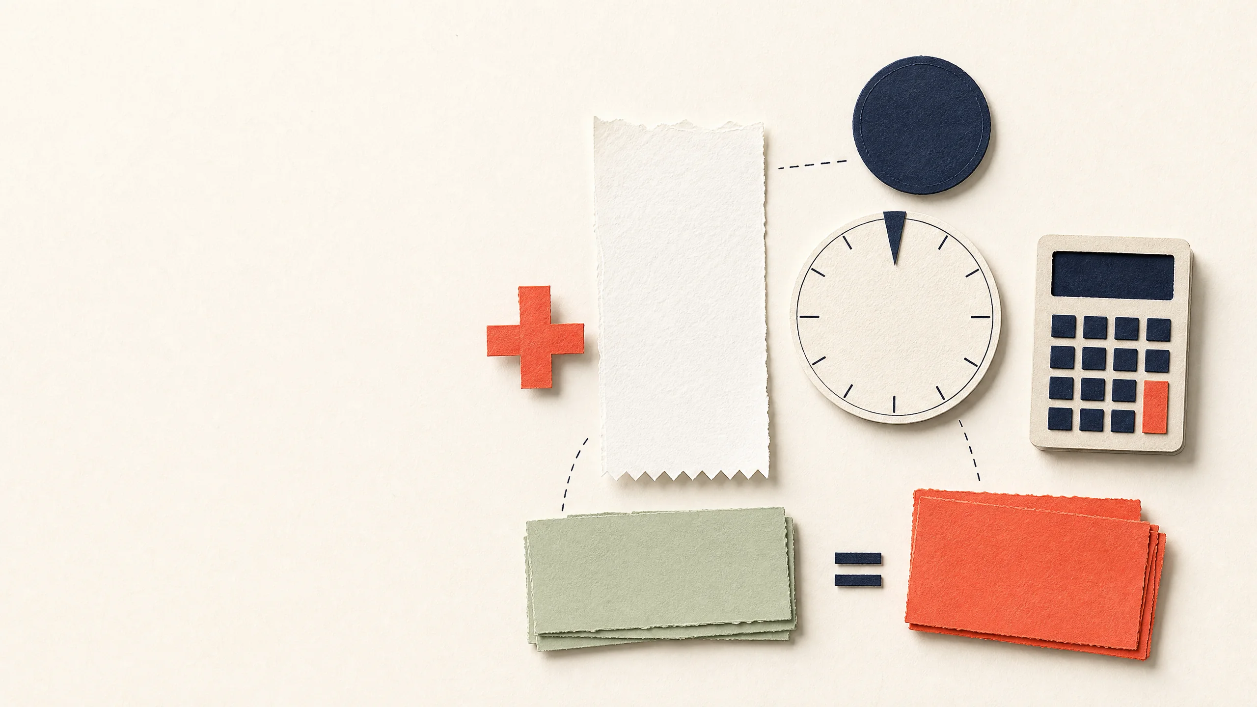 Editorial paper collage of receipt, price tag, calculator, and tax percentage stamp