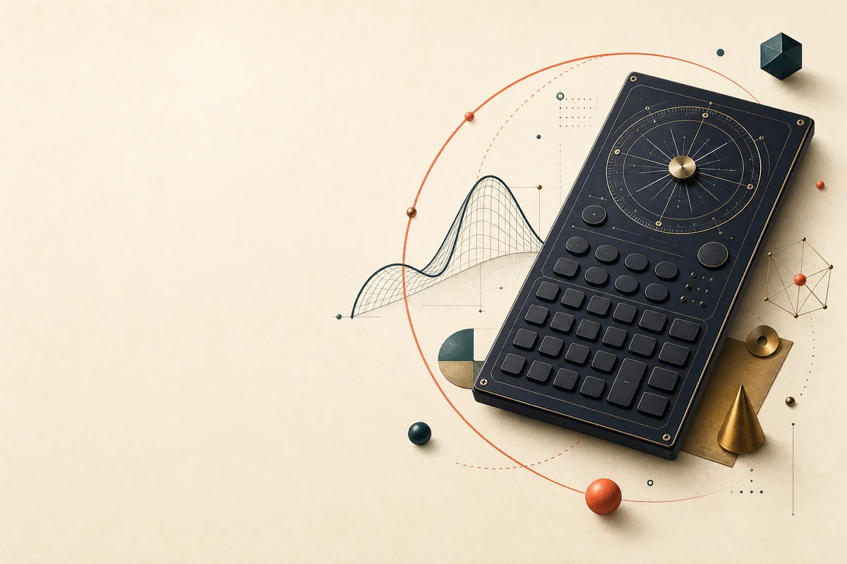Editorial scientific calculator scene with analogue geometry tools, a green display plane, coral graph curves, and ink-navy mathematical marks without text.