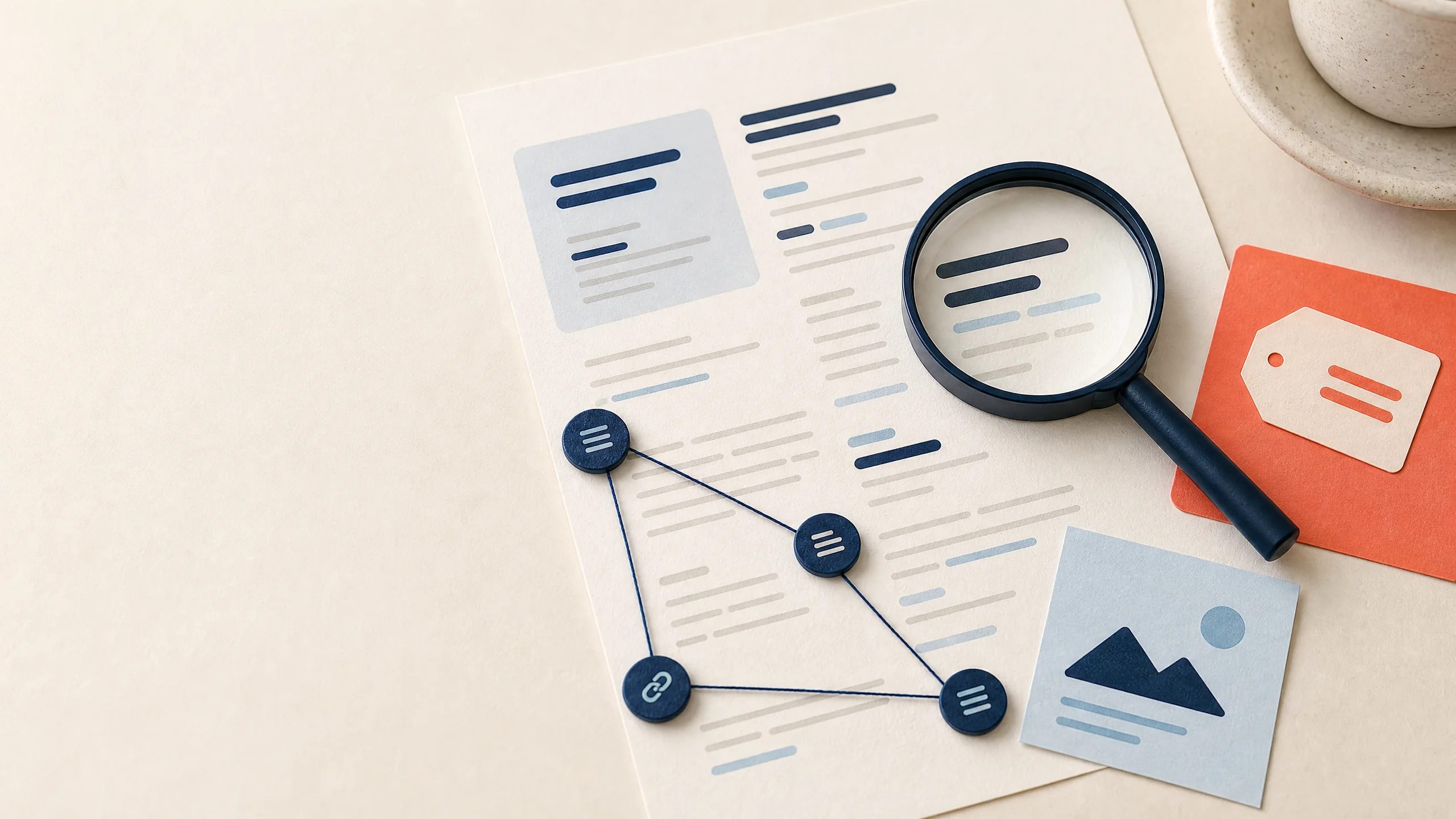 Magnifying glass, canonical card, link markers, and HTML source sheet on an ivory desk