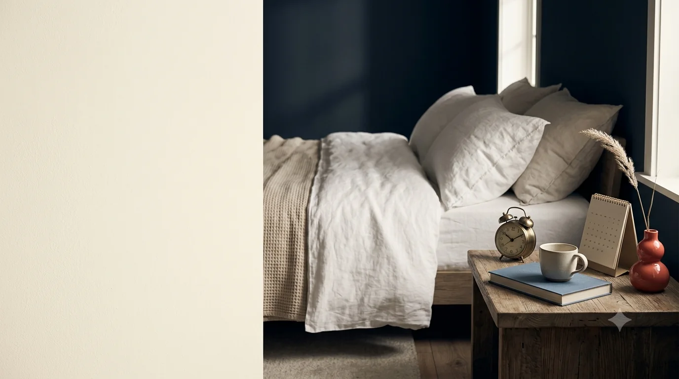 Calm bedroom with white linen, an alarm clock, a cup, a calendar, and a coral bedside vase