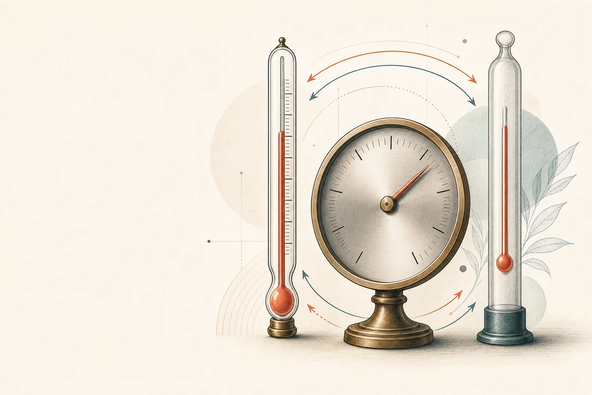 Three scientific temperature instruments connected as a Celsius, Fahrenheit, and Kelvin conversion concept.