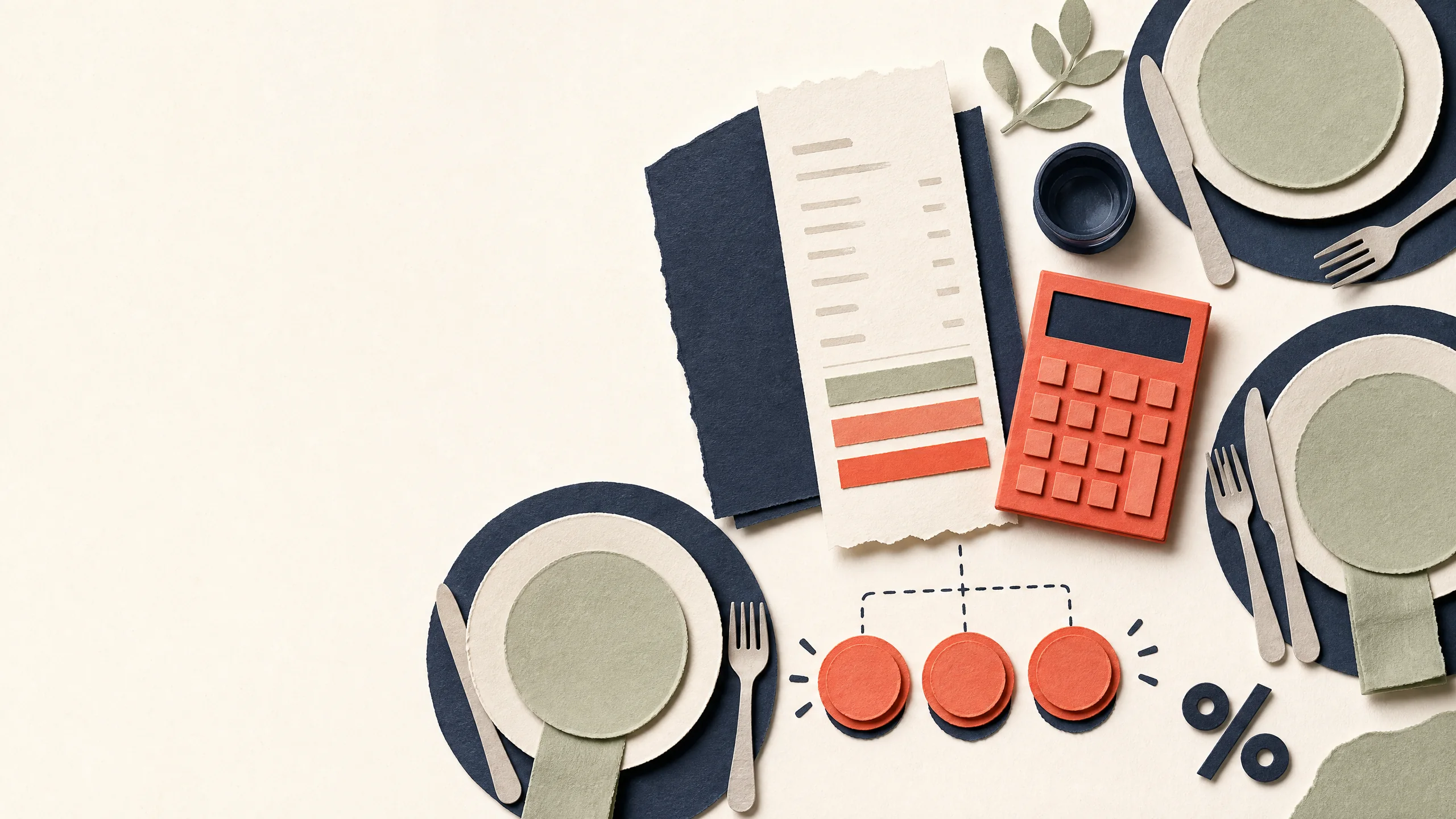 Editorial paper collage of a restaurant bill, percentage mark, calculator and shared payment tokens