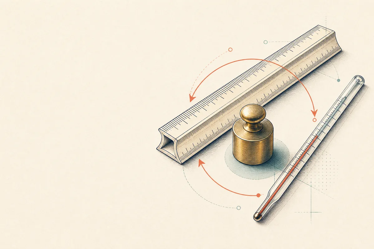 Precision ruler, balance weight, and thermometer connected by coral conversion arcs.