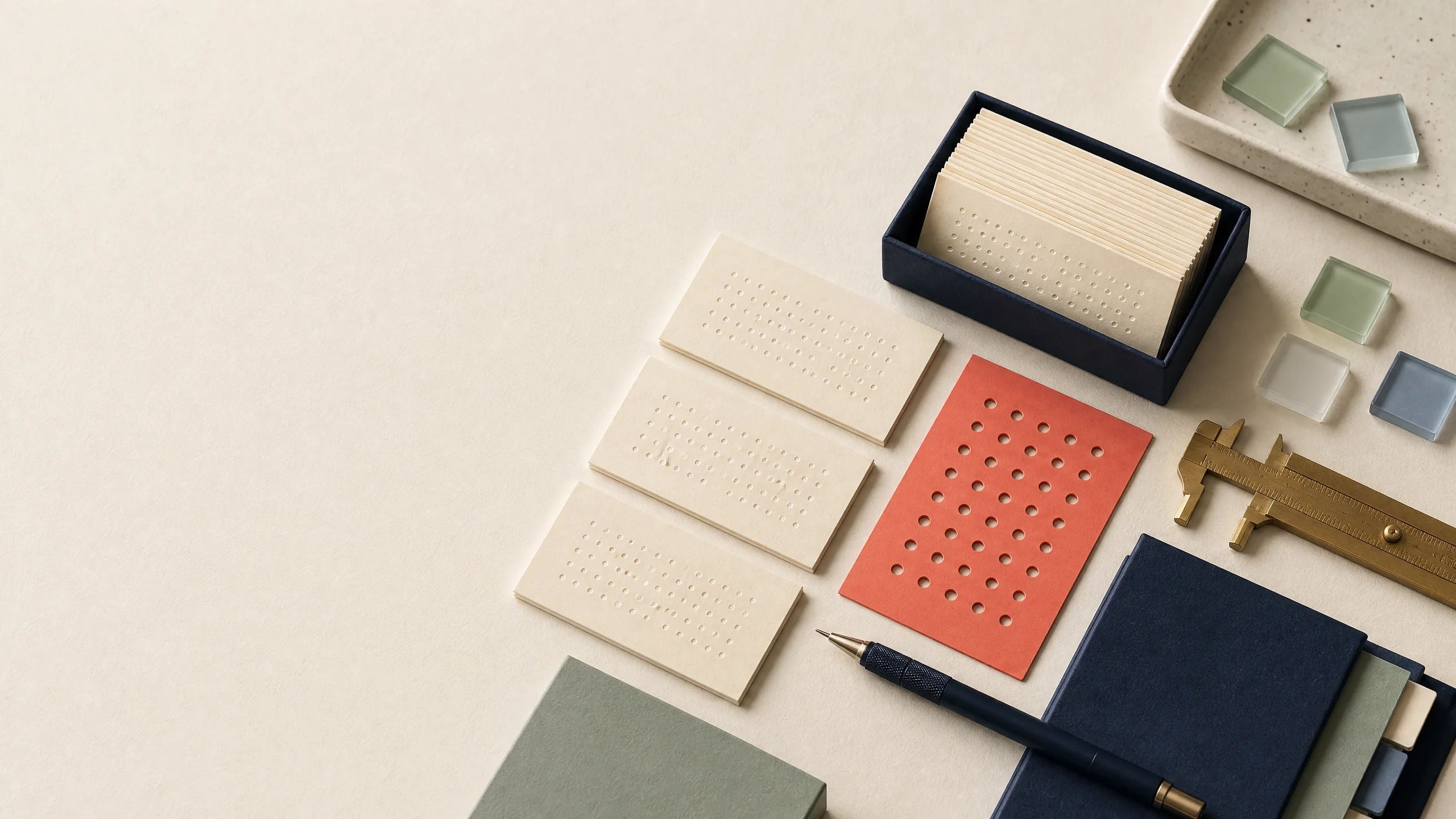 Abstract index cards with randomized geometric marks and stationery on an ivory desk