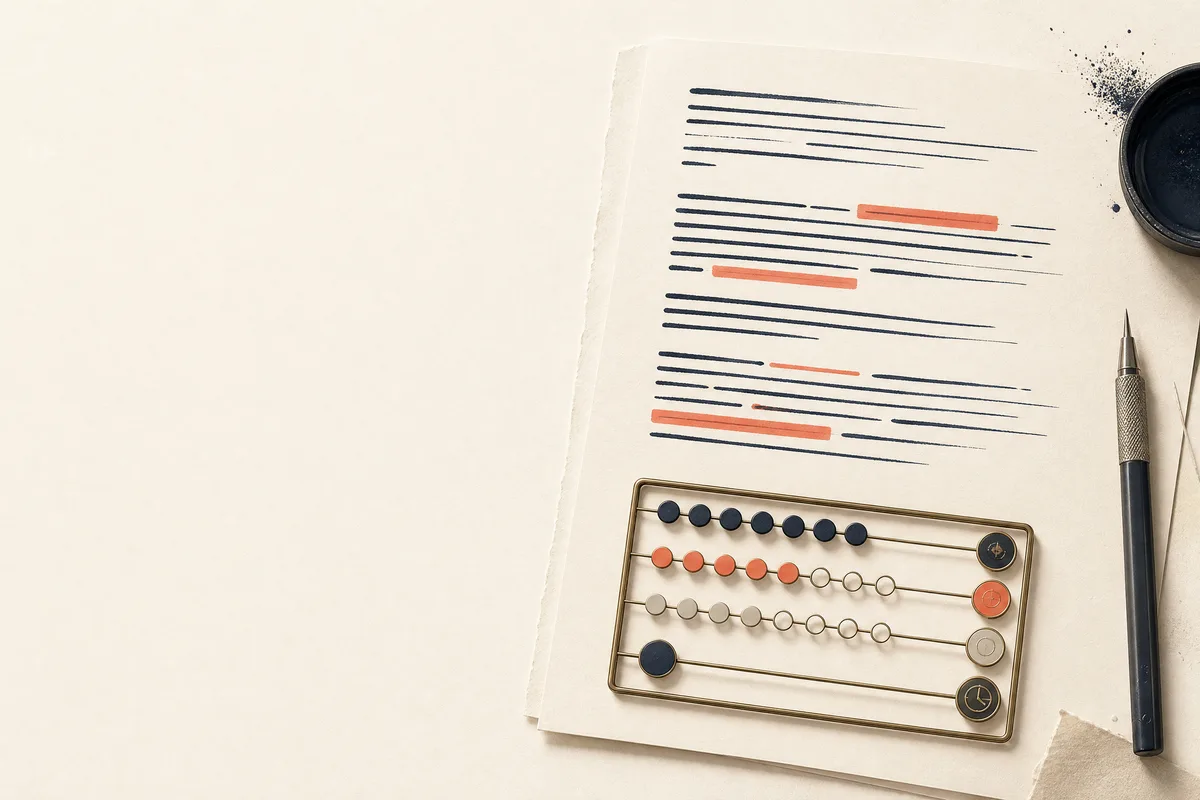 Editorial writing sheet with abstract paragraph lines, coral highlights, and an elegant word-counting frame.